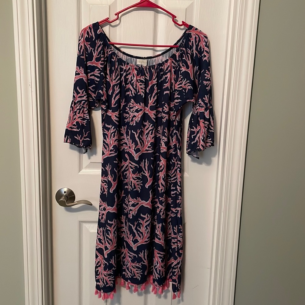 Simply Southern Coral Reef Print Casual Dress Pink Tassel Hem XL
